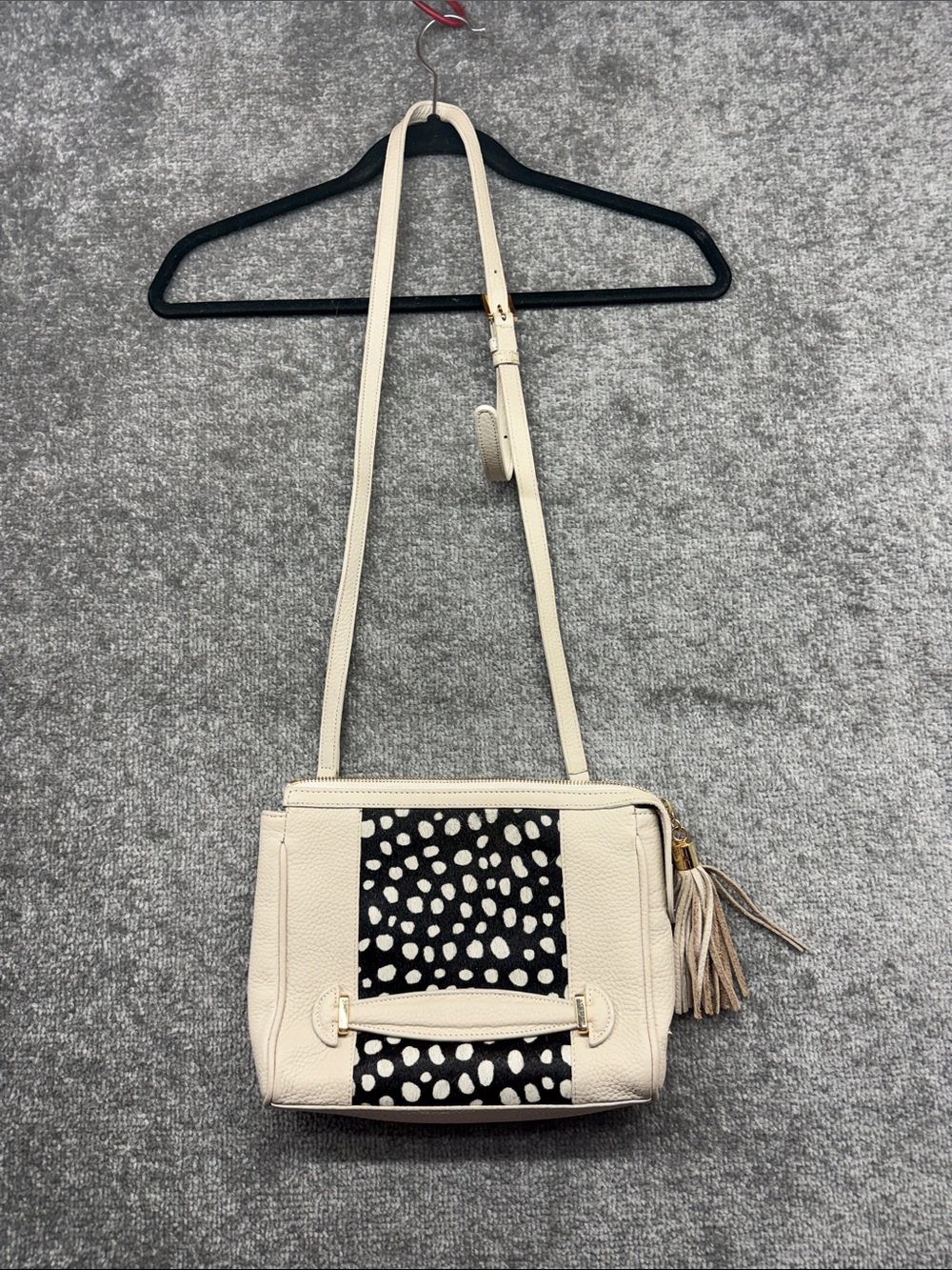GiGi New York Ivory Black Leather Hair Calf Spotted Crossbody Bag Tassel Purse